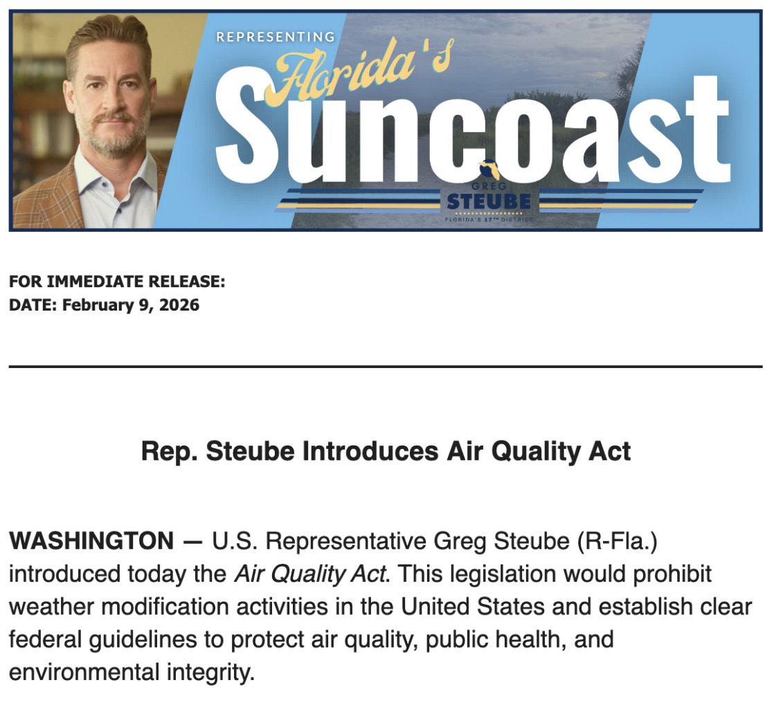Today, I introduced the Air Quality Act to prohibit weather modification activities nationwide and establish clear federal standards to protect air quality and public health.

For more than six decades, governments around the world, including our own, have explored weather
