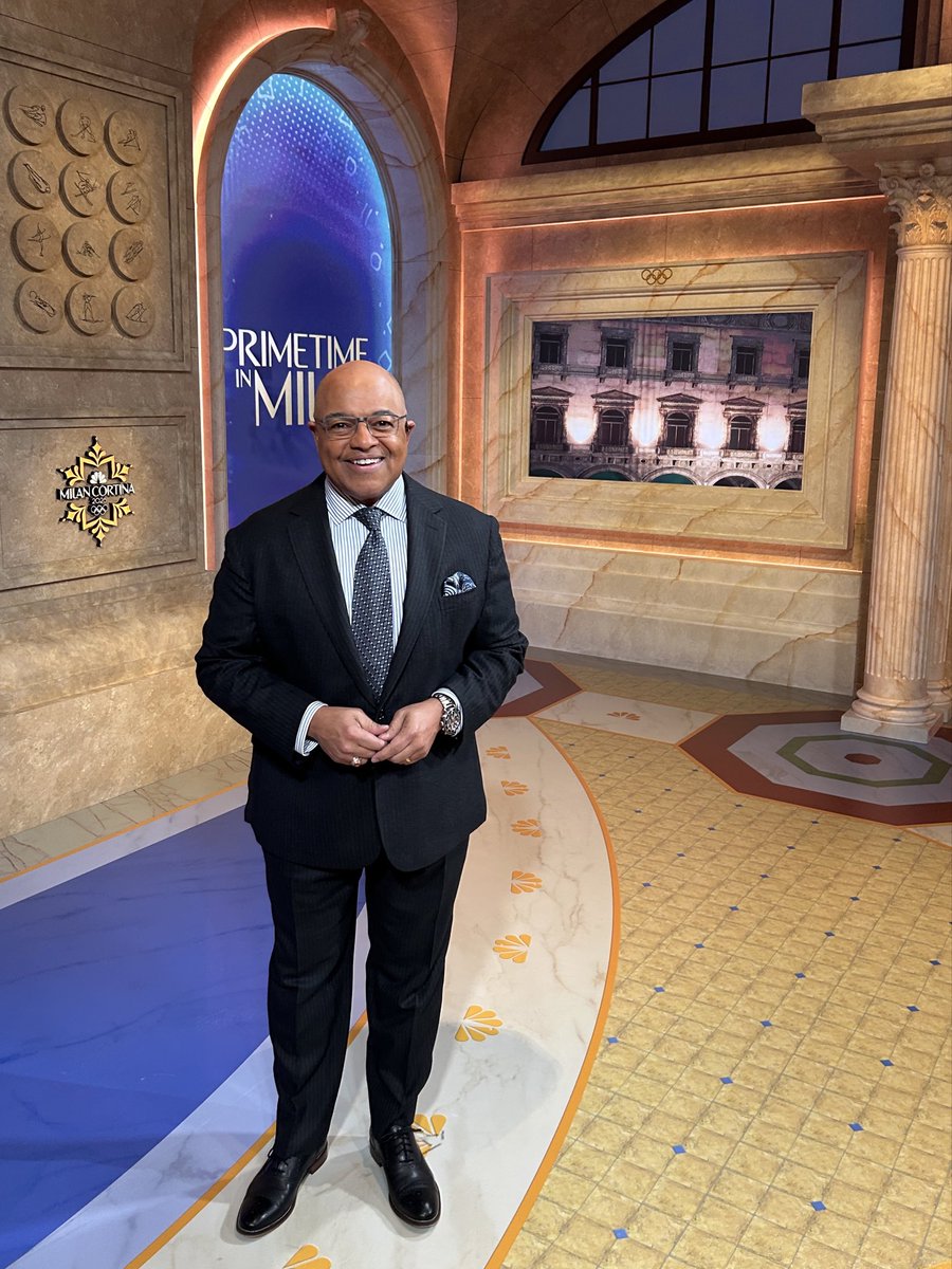 NBCSportsPR's tweet image. Roughly 13 hours after departing California where he called Super Bowl LX, Mike Tirico steps into Studio A at the International Broadcast Center in Milan, Italy, to host “Primetime in Milan” at 8pm ET/PT on NBC and @peacock
