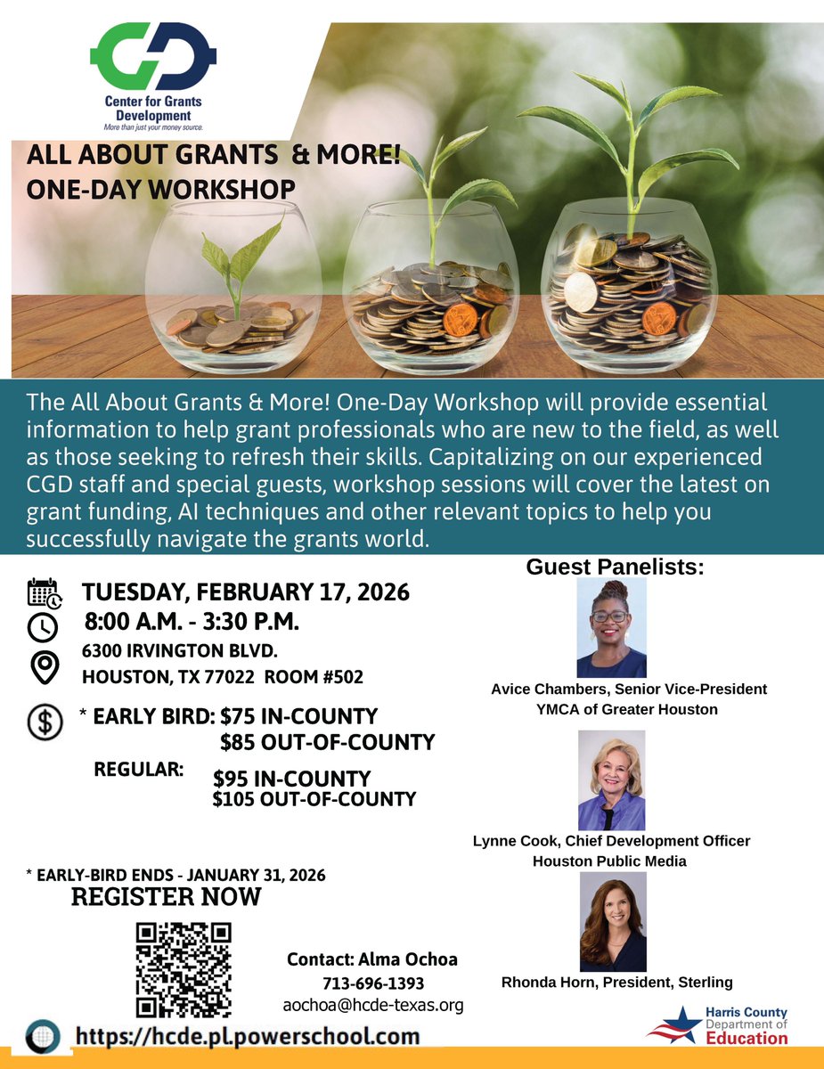 JoyceAkins1's tweet photo. Last week to register for the @HCDEtx @CtrGrantsDev  All About Grants &amp; More One-Day Workshop on February 17th. It will be a great day of learning! https://t.co/t6RRVSb6mK