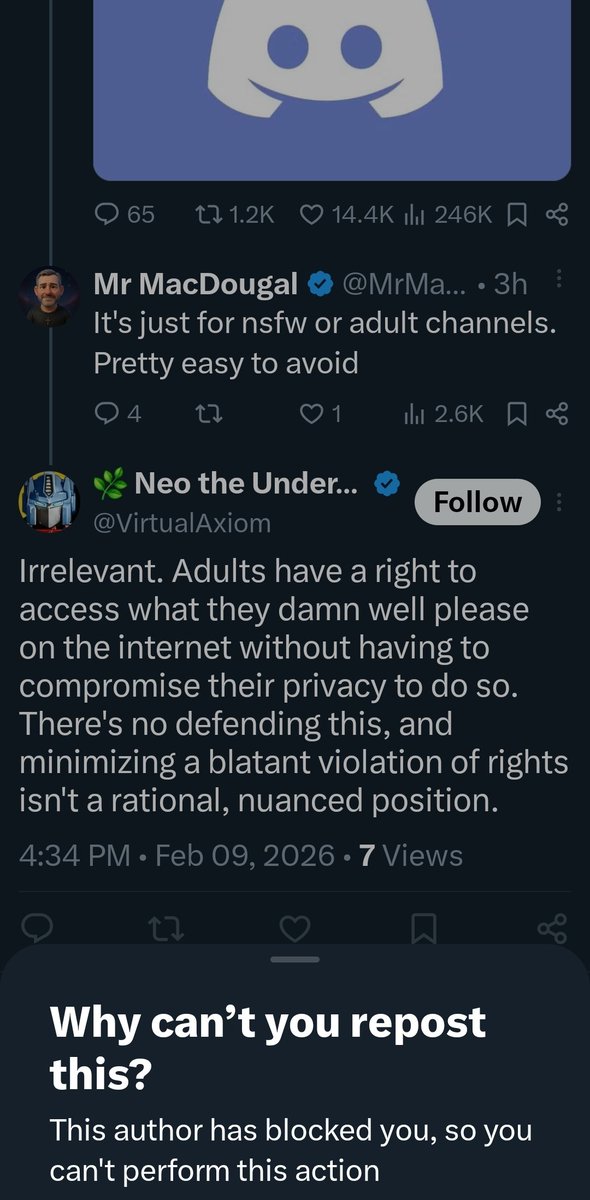 Why would you respond to someone and then immediately block them lol.

Guess they got the last word.

#Discord

<a href="/VirtualAxiom/">🌿 Neo the Underking 🌿🍥🏴</a>