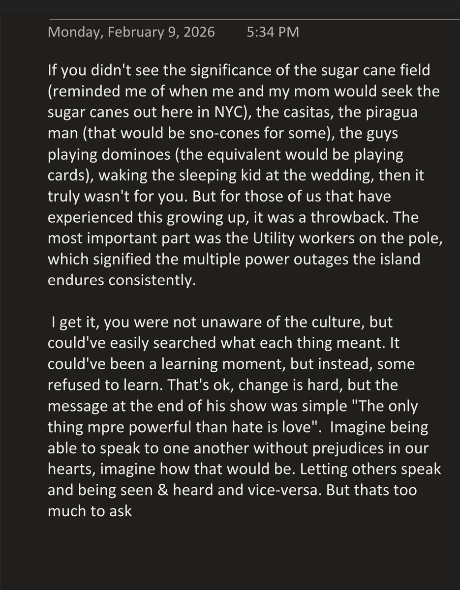 Yes I am Puerto Rican, yet do not listen to reggaeton but am fully aware of <a href="/sanbenito/">Benito Antonio</a> performance last night and the nuances of what its like to Puerto Rican. Yet, people still will find excuses to not like it. Funny how operas are in different languages, yet they enjoy it🤔