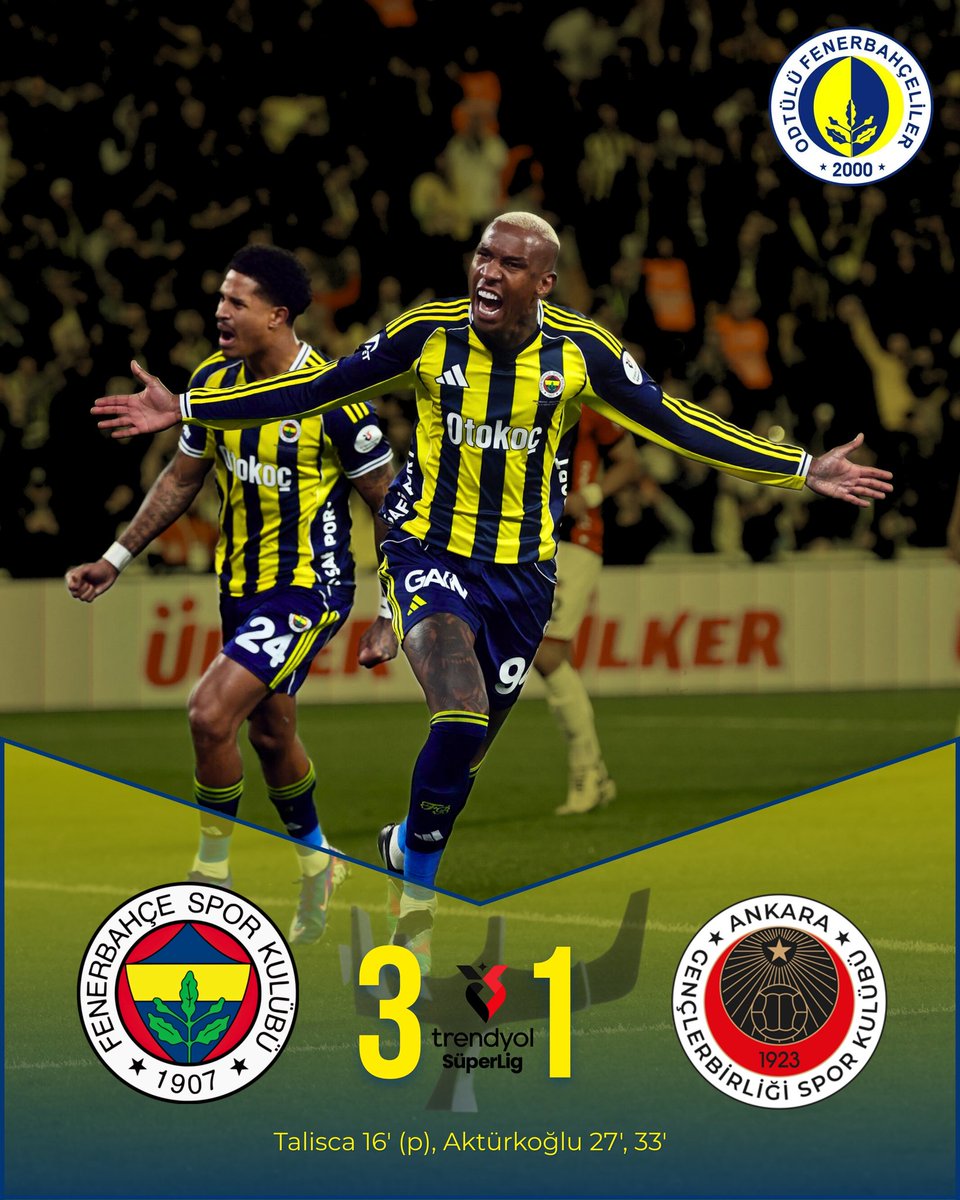 Fenerbahçemiz Kadıköy'de oynadığı karşılaşmada Gençlerbirliği'ni Talisca ve Kerem'in (2) golleriyle 3-1 mağlup etti. 💛💙
#kampüstekiFenersesi #ODTUFEB