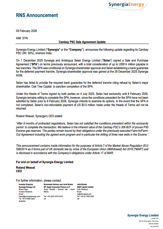 #SYN Cambay PSC Sale Agreement Update