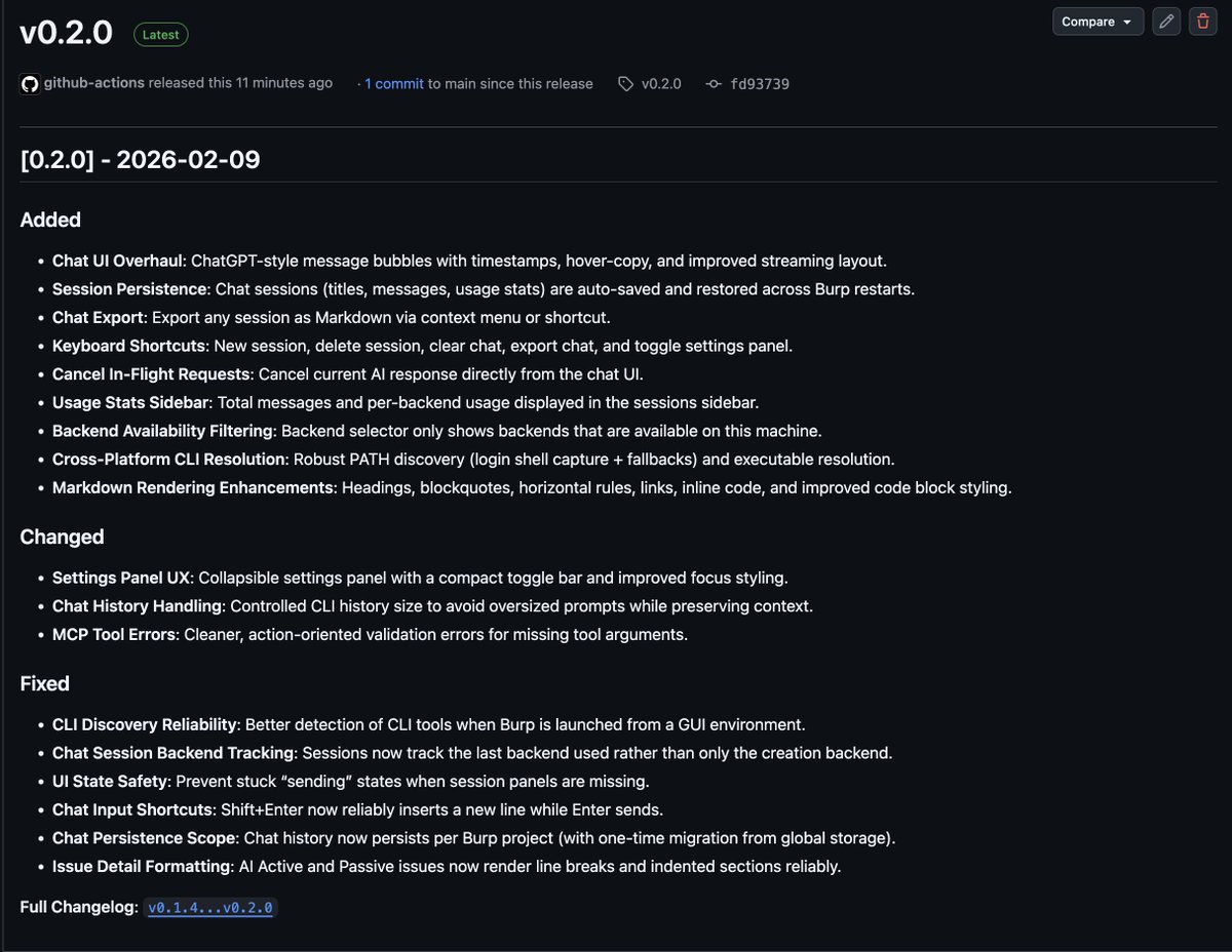burp-ai-agent v0.2.0 is out (pretty proud of this one)

  - Chats saved per project (no more lost sessions when closing)
  - New chat UI
  - Markdown export
  - Enter sends, Shift+Enter new line

github.com/six2dez/burp-a…

#hacking #pentest #bugbounty