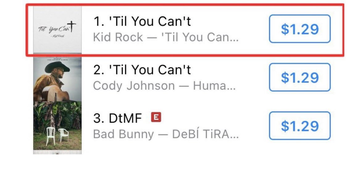 BREAKING:
Music industry is shook as Kid Rock overtakes Bad Bunny for the top song in the world.

This is despite Apple’s  nonstop promotion of Bad Bunny.

We have the power to change culture one day at a time.