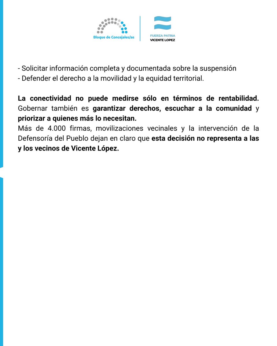 En Vicente López, Soledad Martinez suspendió el #TransporteBicentenario todo 2026: sin estudios, sin alternativas y dejando barrios aislados.

Desde #FuerzaPatria exigimos su restablecimiento y transparencia sobre los fondos públicos.
La movilidad es un derecho, no un recorte.