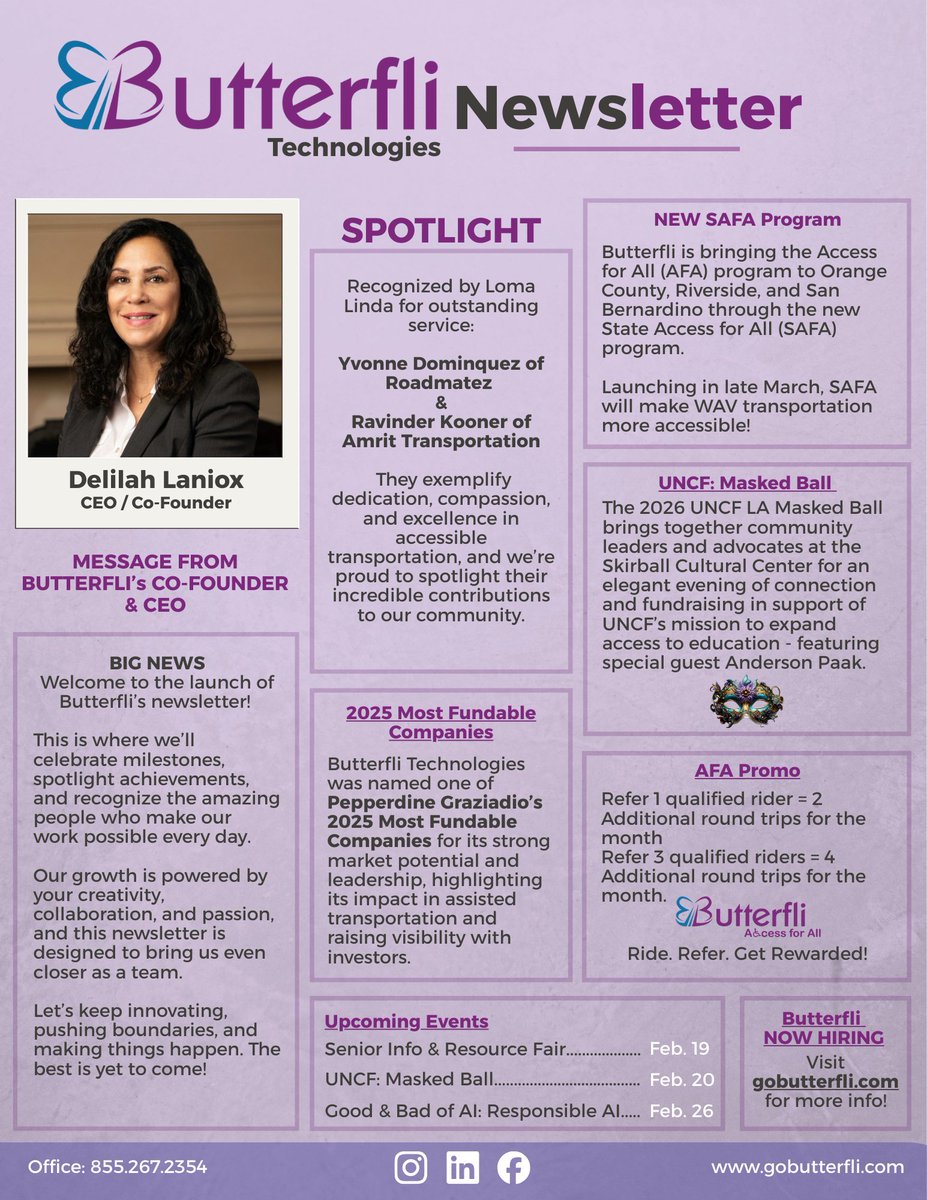 Exciting news from Butterfli Technologies! We're thrilled to launch our newsletter, celebrating milestones and achievements in accessible transportation. Check out our Spotlight, upcoming events, and learn more about our new SAFA program!