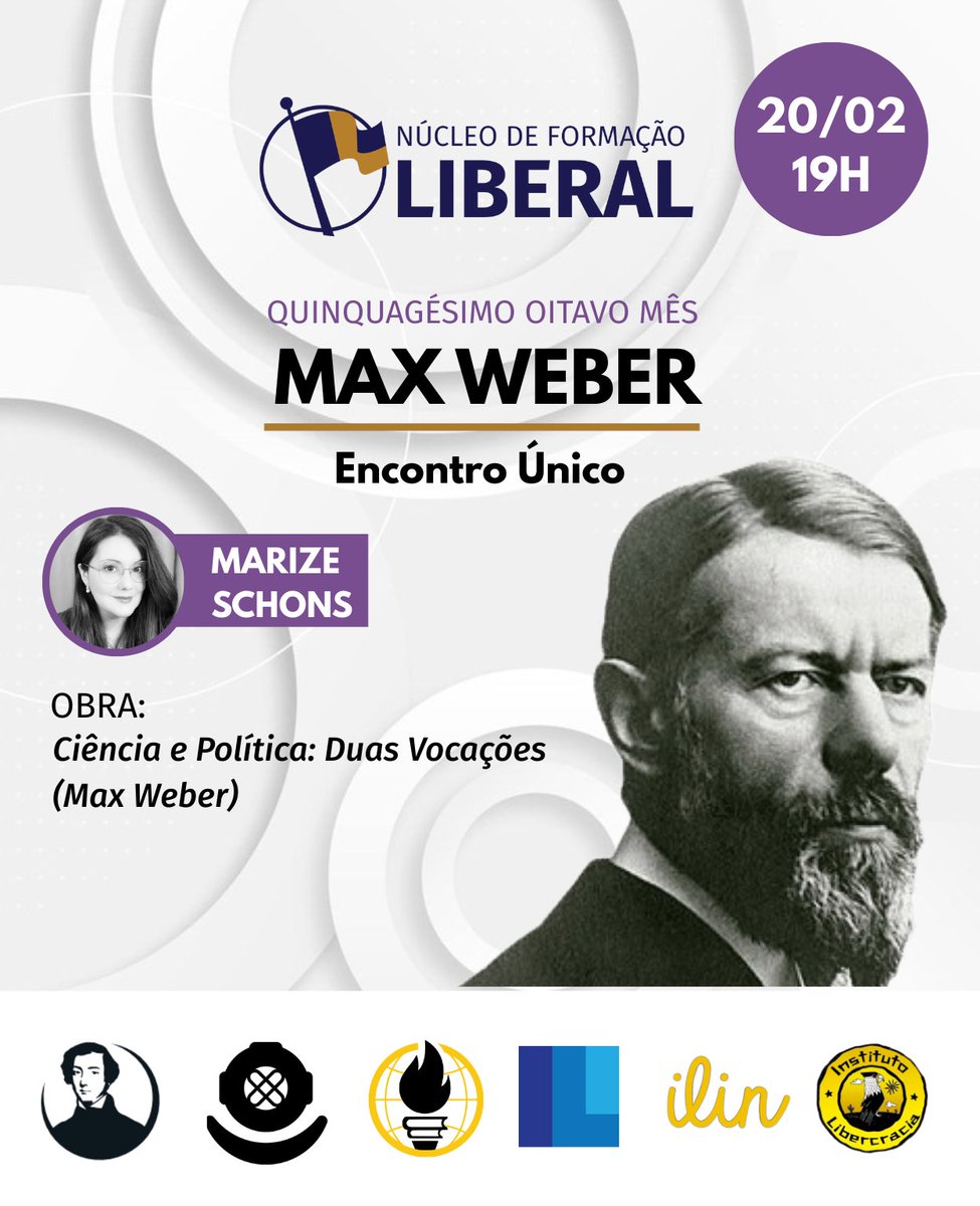 VEM AÍ MAIS UM ENCONTRO DO NFL!
⠀
💡 No dia 20/02 às 19h, o Núcleo de Formação Liberal vai analisar a obra de Max Weber. 
⠀
🎙️ E o melhor: com a presença de Marize Schons na live! Imperdível!
⠀
📍 Transmissão ao vivo no YouTube e no Facebook do Instituto Liberal.