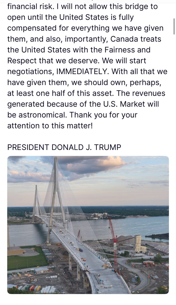 davidshepardson's tweet image. News: @POTUS threatens to prevent Gordie Howe bridge from opening between Detroit and Windsor