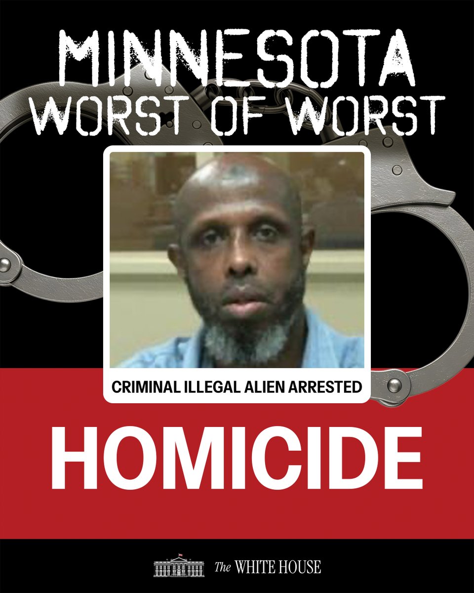 WhiteHouse's tweet image. 🚨ICE is taking the WORST of the WORST off Minnesota's streets!

Meet Abdirashid Elmi from Somalia- he's convicted of HOMICIDE.