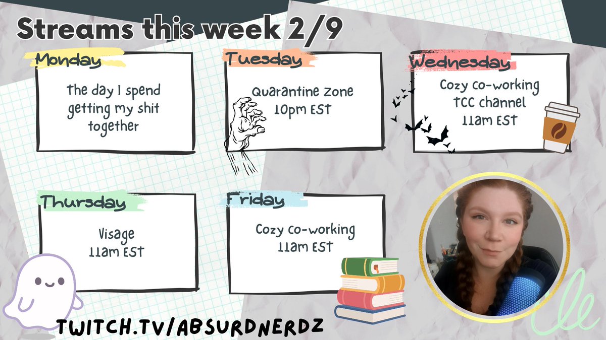 Got a little bit done today, and made a schedule for the week. 
I decided..
Tuesday is for whatever new game I'm fixated on.
Wednesday - TCC Co-working
Thursday -Backlog games (mostly indie horror)
Friday - Co-working on my channel

I'll post any changes as they happen. 🙃