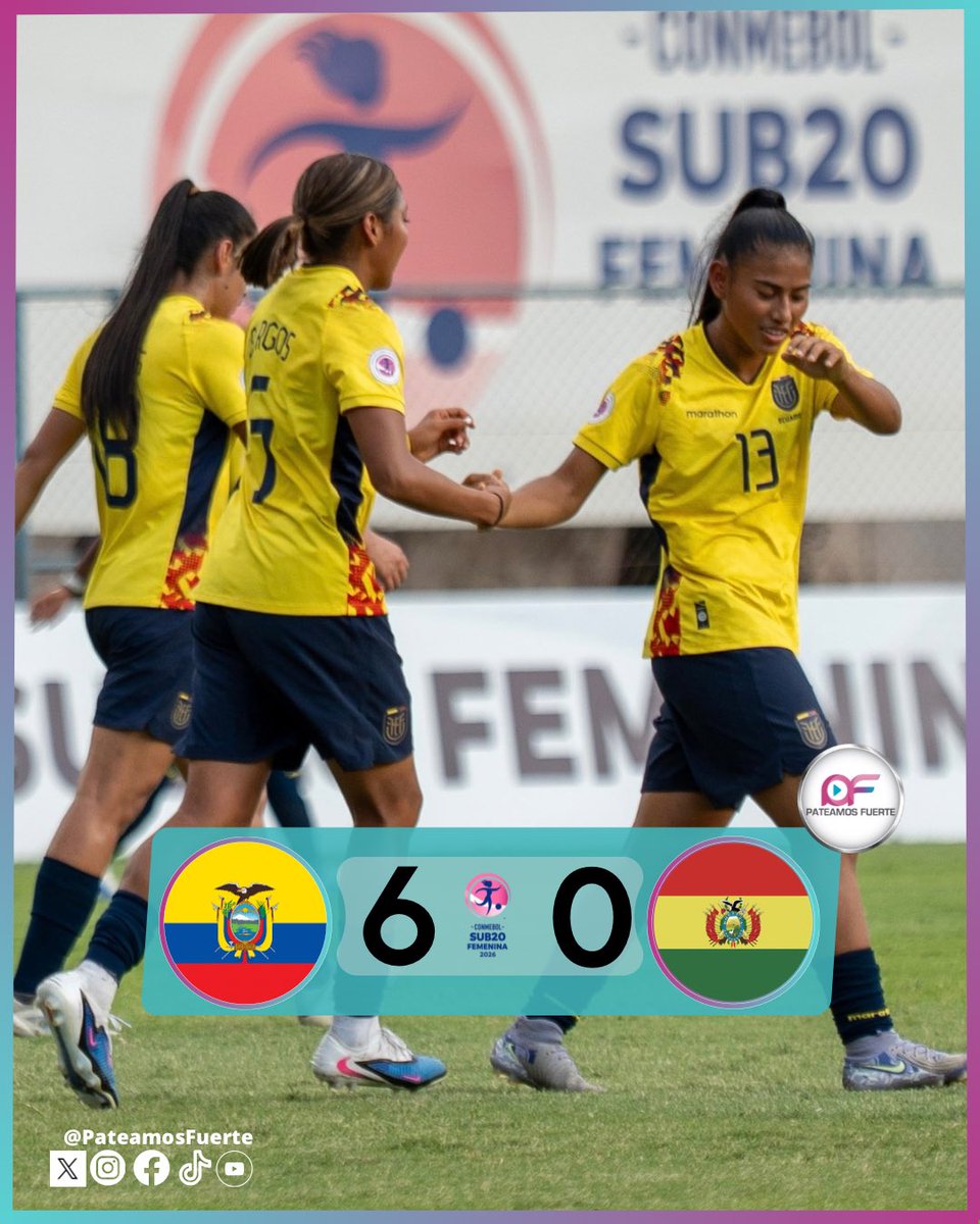 🫵🏻 Goleada Tricolor 🇪🇨

💪 La Tri Femenina se impuso por 6-0 a Bolivia 🇧🇴 en la jornada 3 del Sudamericano Sub-20.

⚽️ Rosa Flores
⚽️ Josenka Vélez (2)
⚽️ Evelyn Burgos
⚽️ Scarleth Garaicoa
⚽️ Xiomara Alcivar

#PateamosFuerte