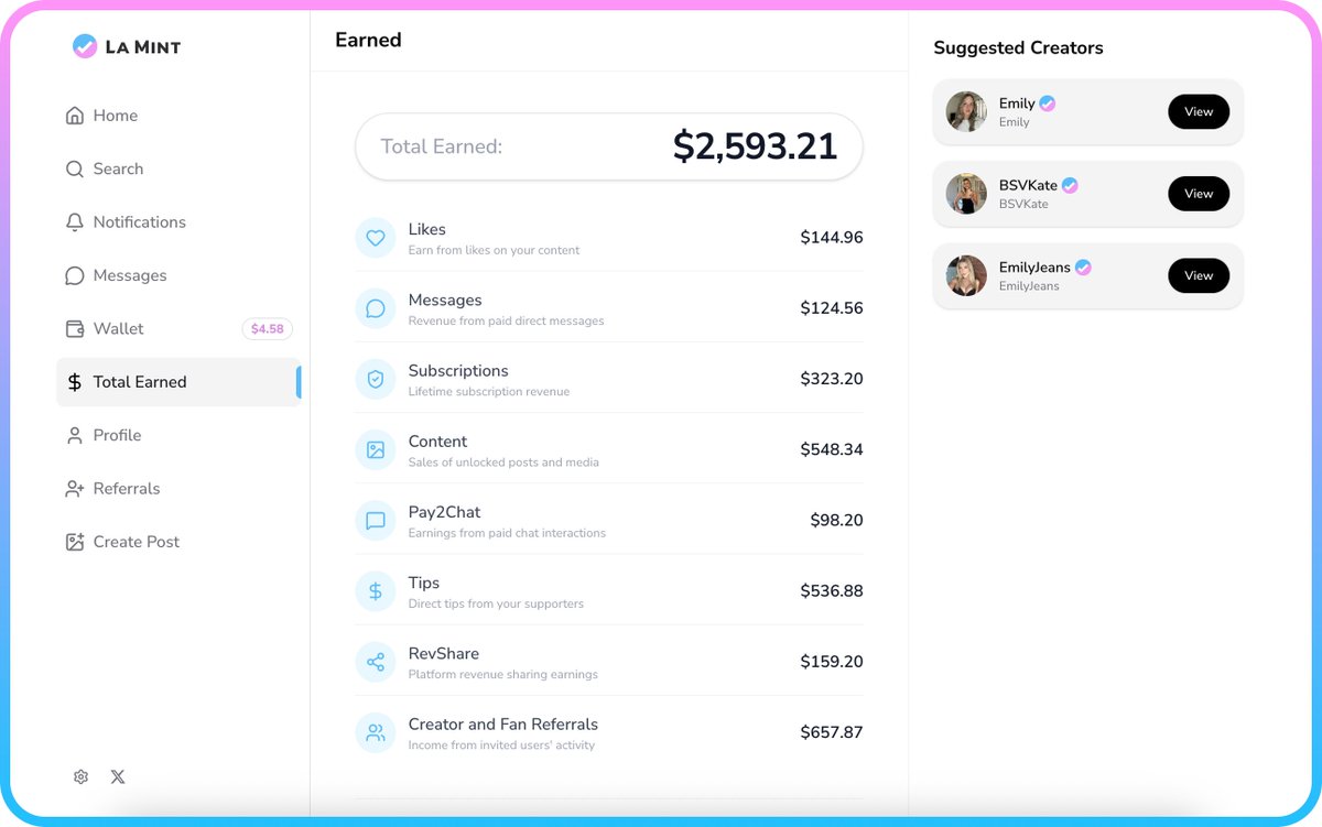 See exactly where your creator earnings comes from — likes, tips, content, chats, and referrals — all in one place.