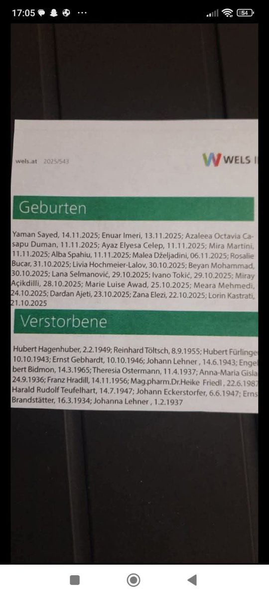 Geburten (und Todesfälle) im Herbst 2025 in Wels, Österreich:

(Bevölkerungsaustausch ist eine Verschwörungstheorie)