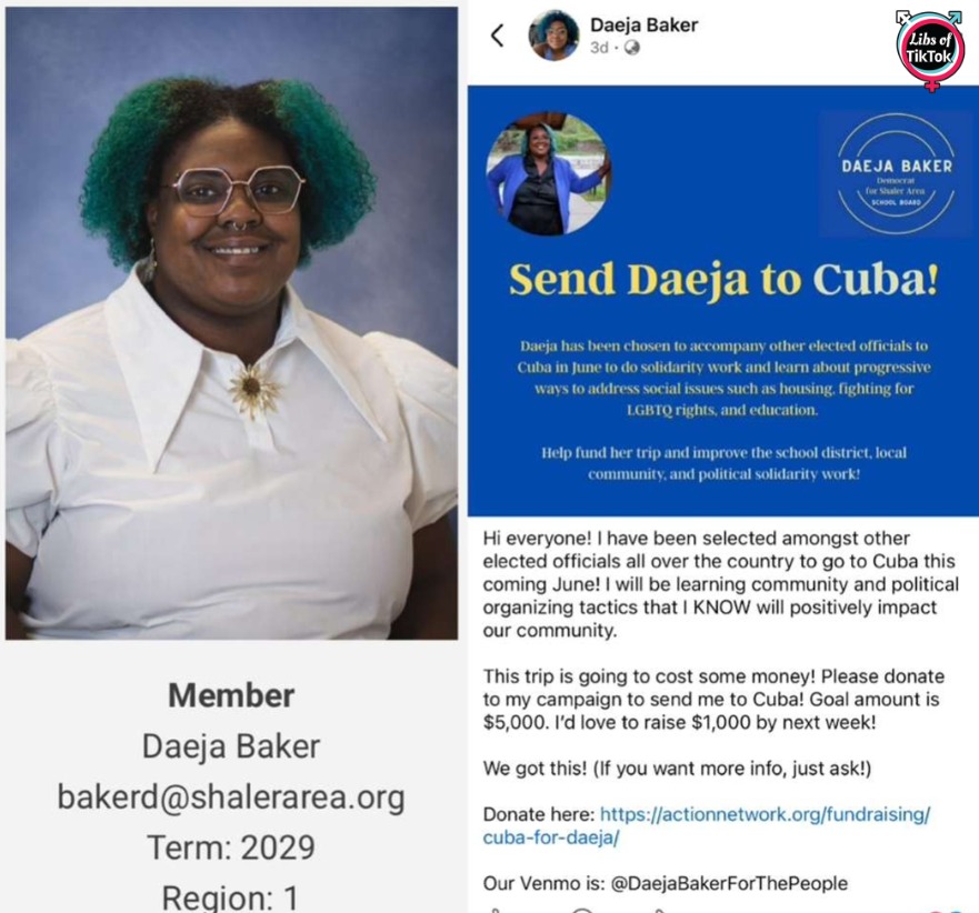 Daeja Baker, a school board member for Shaler Area School District in PA, is begging for money so she can go to Cuba to learn "progressive" ways to address "LGBTQ rights and education."

Why are US elected officials taking trips to foreign countries to learn strategies for