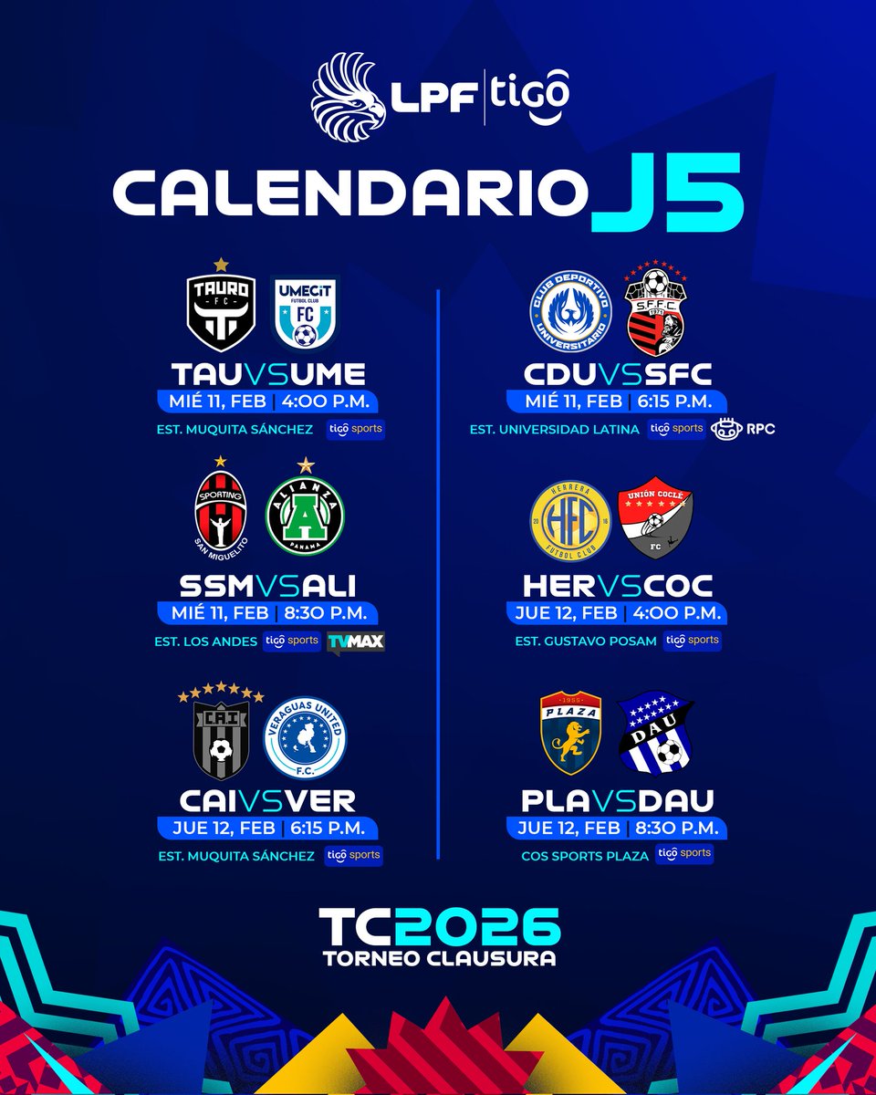 #LPF
Así se jugará la J5 del #Clausura2025 de la <a href="/LPFpanama/">LPF TIGO</a>