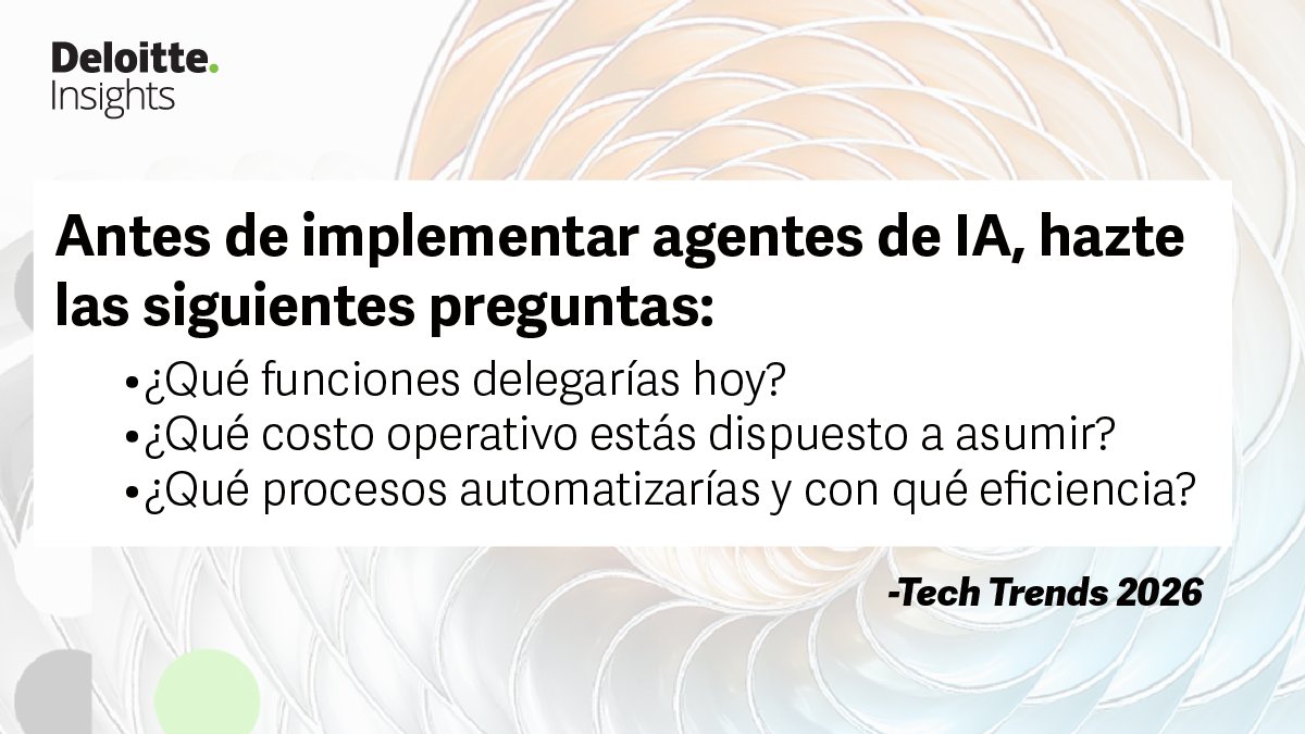 🟢 Antes de integrar agentes de IA, las organizaciones deben tener absoluta claridad sobre qué funciones delegar, qué costos asumir y qué procesos rediseñar para realmente generar eficiencia.

🌐 #TechTrends2026: delo.tt/6013hMCYx
#DeloitteVenezuela
