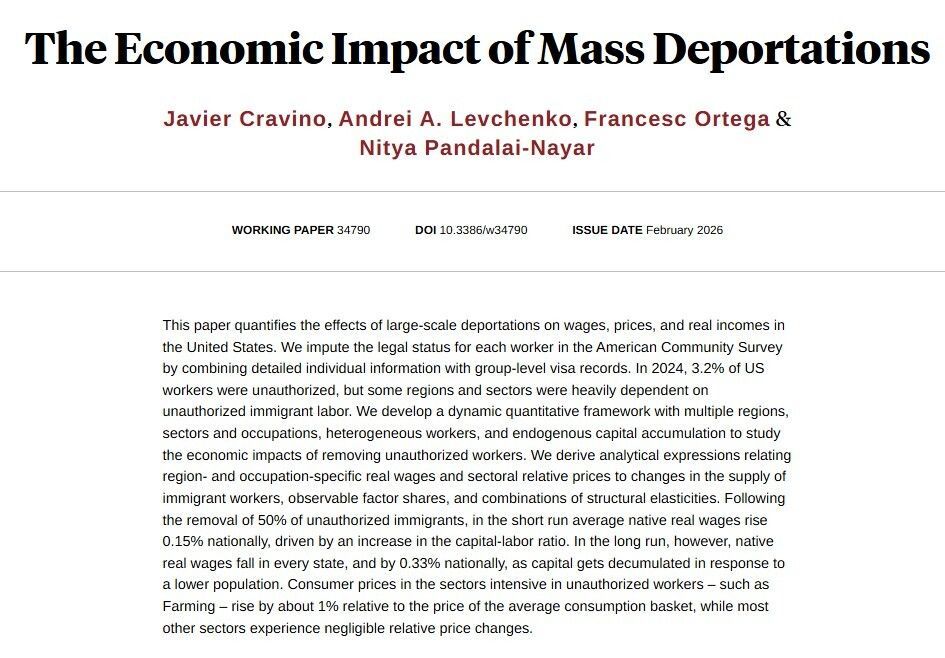 Quantifying the effects of large-scale deportations on wages, prices, and real incomes in the United States, from Javier Cravino, Andrei A. Levchenko, Francesc Ortega, and <a href="/nityanayar/">Nitya Pandalai-Nayar</a> nber.org/papers/w34790