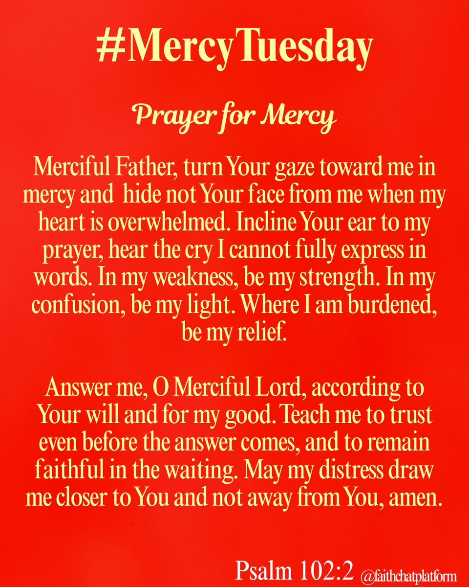 frjamesa's tweet photo. MERCY TUESDAY
(Psalm 102:2)
Do not hide your face from me when I am in trouble. Turn your ear to me; answer me at once when I call. 

Prayer for Mercy:
Merciful Father, turn Your gaze toward me in mercy and  hide not Your face from me when my heart is overwhelmed. Incline Your ear to my prayer, hear the cry I cannot fully express in words. In my weakness, be my strength. In my confusion, be my light. Where I am burdened, be my relief.

Answer me, O Merciful Lord, according to Your will and for my good. Teach me to trust even before the answer comes, and to remain faithful in the waiting. May my distress draw me closer to You and not away from You, amen.

Jesus, I trust in you !

Affirmations:
Mercy has remembered me !
Mercy has spoken for me !
Mercy has responded for me !
Access granted…
Access received !
A new Garment received !
I am a walking testimony !
I am a miracle of God !
I am a trophy of God’s grace !
My Joy is here ! 

#celebration2026 
#mercytuesday 
#myjoyishere 
#iknockedandthedooropened