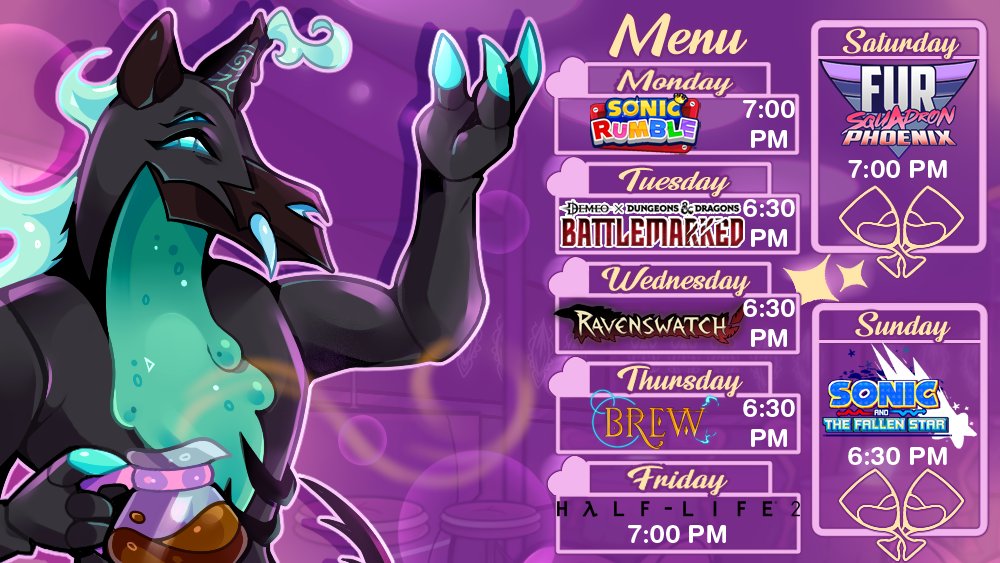 This week's schedule is PACKED! I'm streaming daily and the roster is stacked with some great games. Demeo x Dungeons &amp; Dragons, Ravenswatch, Brew, Half-Life 2, Fur Squadron Phoenix, and Sonic and the Fallen Star, it's going to be a full 7 days of great gaming goodness! Times GMT