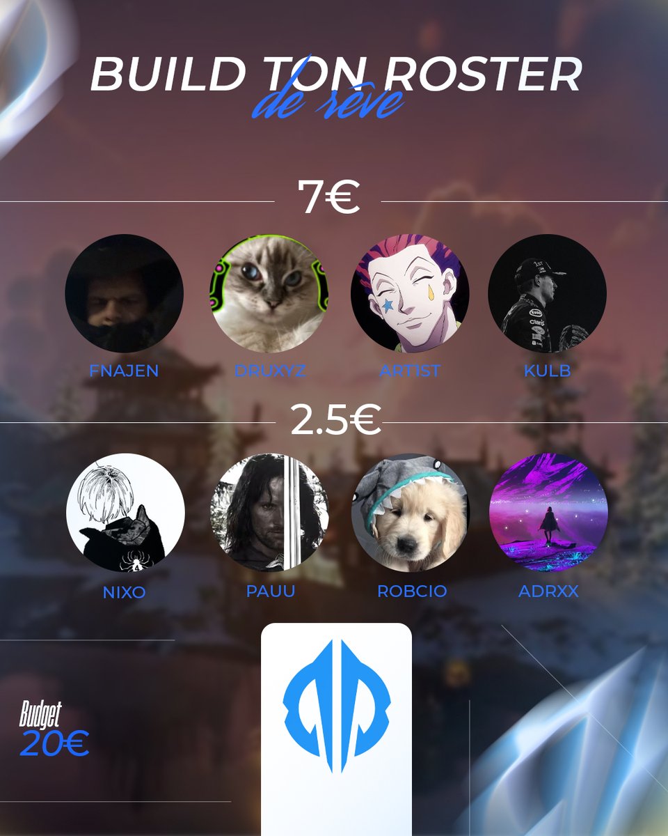 Vous avez 20 € pour construire votre Roster de rêve !

Maximum 4 joueurs dans le Roster👥

À vous de jouer !
