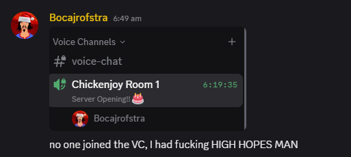 lesson learned, never do a VC after opening the Server to the public expecting a surge of new followers and members