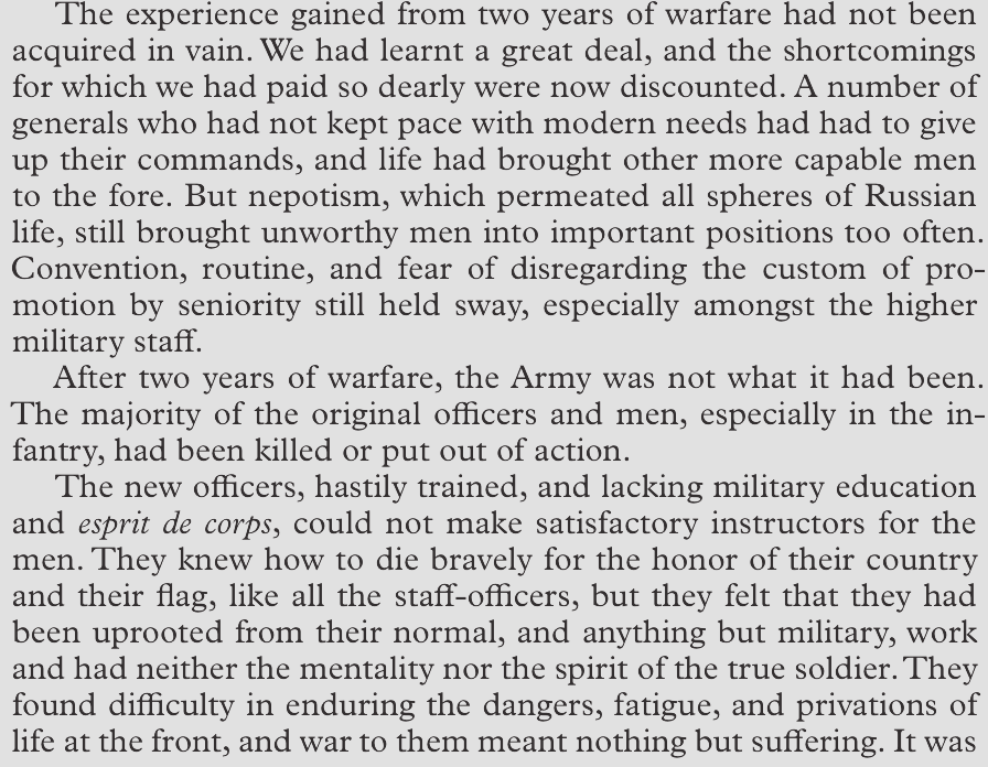 PassagePress's tweet photo. Winter of 1916: General Wrangel on the impact of war and the state of the military. Two years of fighting resulted in the loss of both high quality officers and infantry. Nepotism, inability to lead, unsuitable replacements, and fatigue were rampant. https://t.co/eVSmG6r1Le