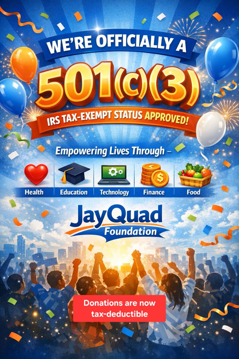 JayQuadNGO's tweet photo. JayQuad Foundation has been granted 501(c)(3) tax-exempt status by the IRS.
#501c3 #NonprofitOrganization #SocialImpact #JayQuadFoundation https://t.co/SOz3zyeNXM