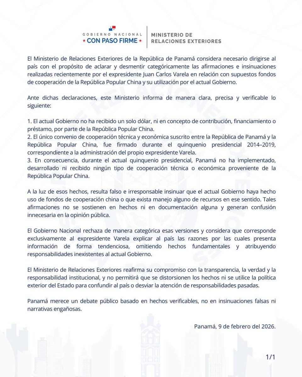 ÚLTIMA HORA🔴 La Cancillería de Panamá desmintió la existencia de un acuerdo de cooperación económico con China y calificó de "falso e irresponsable", las insinuaciones hechas al respecto por el expresidente Juan Carlos Varela.