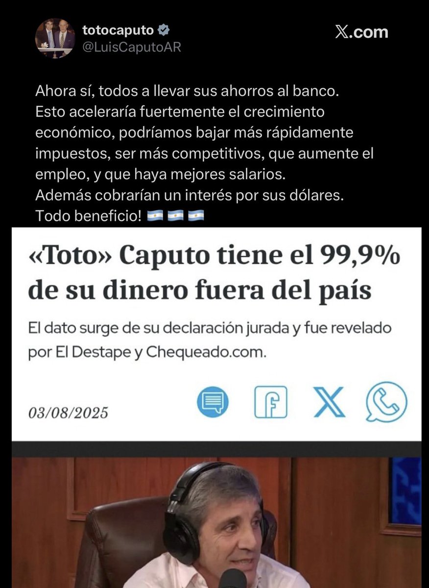 Che, estaría bueno que el Ministerio de la verdad <a href="/RespOficial_Arg/">Oficina de Respuesta Oficial</a> desmienta si es verdad o no que <a href="/LuisCaputoAR/">totocaputo</a> tiene el 99% de su patrimonio en el exterior. #Nosierrto? (?) <a href="/agustindrombola/">Agustín Rombolá</a> <a href="/aleberco/">Alejandro Bercovich</a> <a href="/AliciaCastroAR/">Alicia Castro</a> <a href="/andreslerner90/">Andres Lerner</a> <a href="/DiegoRuzzarin/">Diego Ruzzarin ☭</a> <a href="/somoscorta/">Corta</a> <a href="/VHMok/">Víctor Hugo Morales</a> <a href="/halconada/">Hugo Alconada Mon</a>