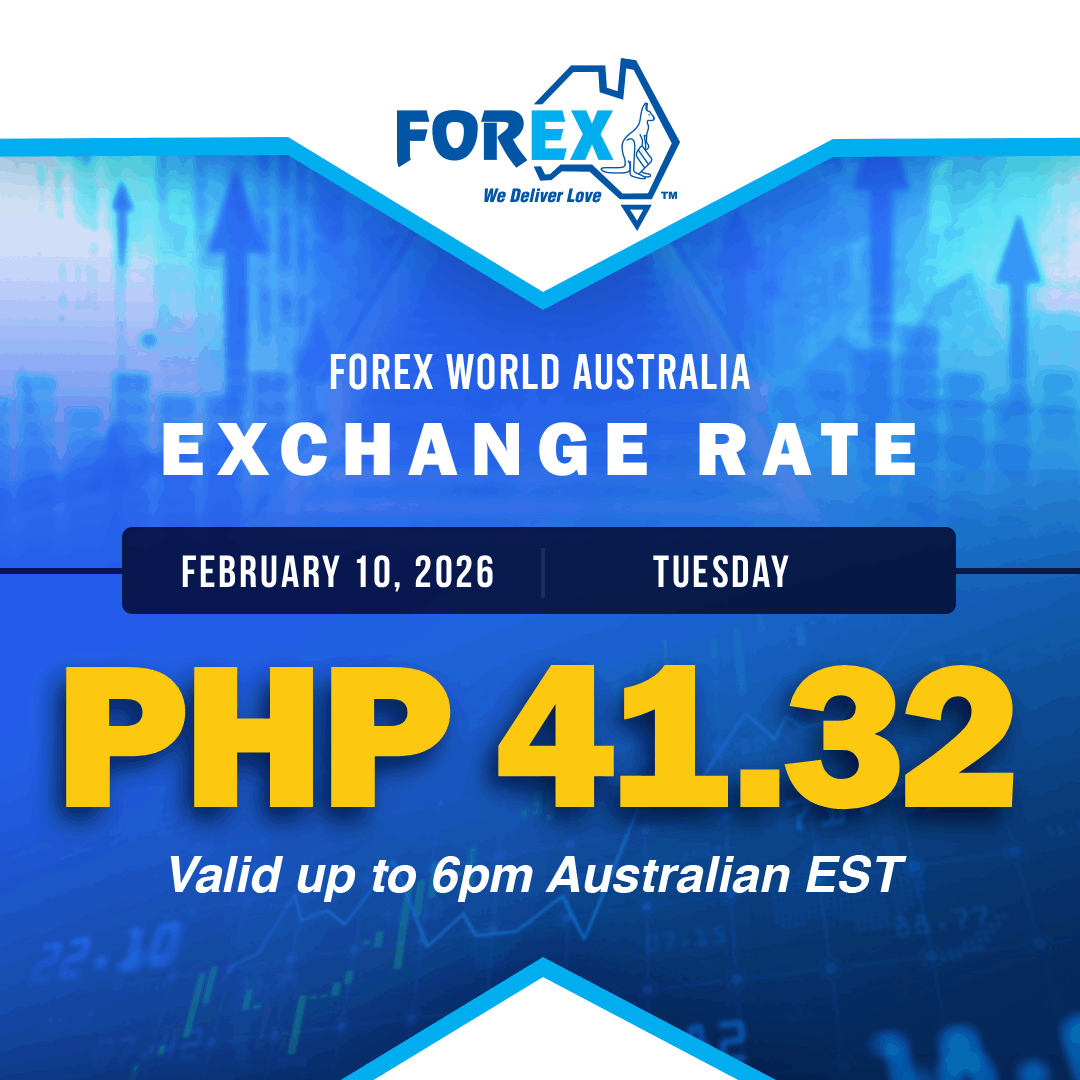 Forex World Australia Exchange Rate February 10, 2026 (Tuesday) is PHP 41.32 valid up to 6pm Australian EST.
tinyurl.com/yhmkakww
