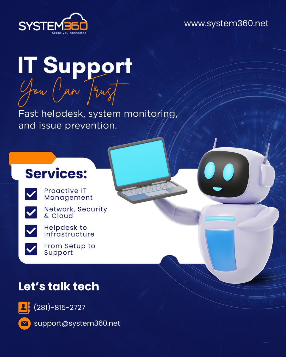system360_'s tweet photo. Looking for dependable IT support?
System360 keeps your systems secure, monitored, and optimized—end to end.

📞 (281) 815-2727
📧 support@system360.net
🌐 https://t.co/xPFsNPuAyV

#Tech #ITExperts #ManagedServices #NetworkSupport #CloudSolutions #System360 #BusinessSupport https://t.co/PKFuqHCdfO