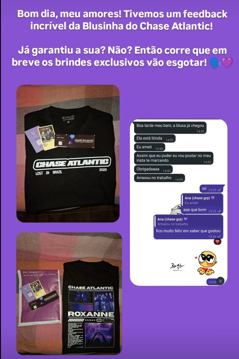 VennityStore's tweet photo. 💜| FEEDBACKS ↓

A adm não postou as blusas em outubro/novembro por um erro na conta mas aqui está os feedbacks das blusas do Chase Atlantic. Assim como eu, os clientes usaram as blusinhas nos shows do Chase aqui no Brasil. 💜

Os clientes amaram as blusas, os feedbacks foram super positivos e eu fiquei extremamente feliz em saber que todos amaram cada detalhe.

Todos esses feedbacks estão fixados nos destaques do Instagram da loja @/vennity.store 💜

#ChaseAtlantic #VennityStore