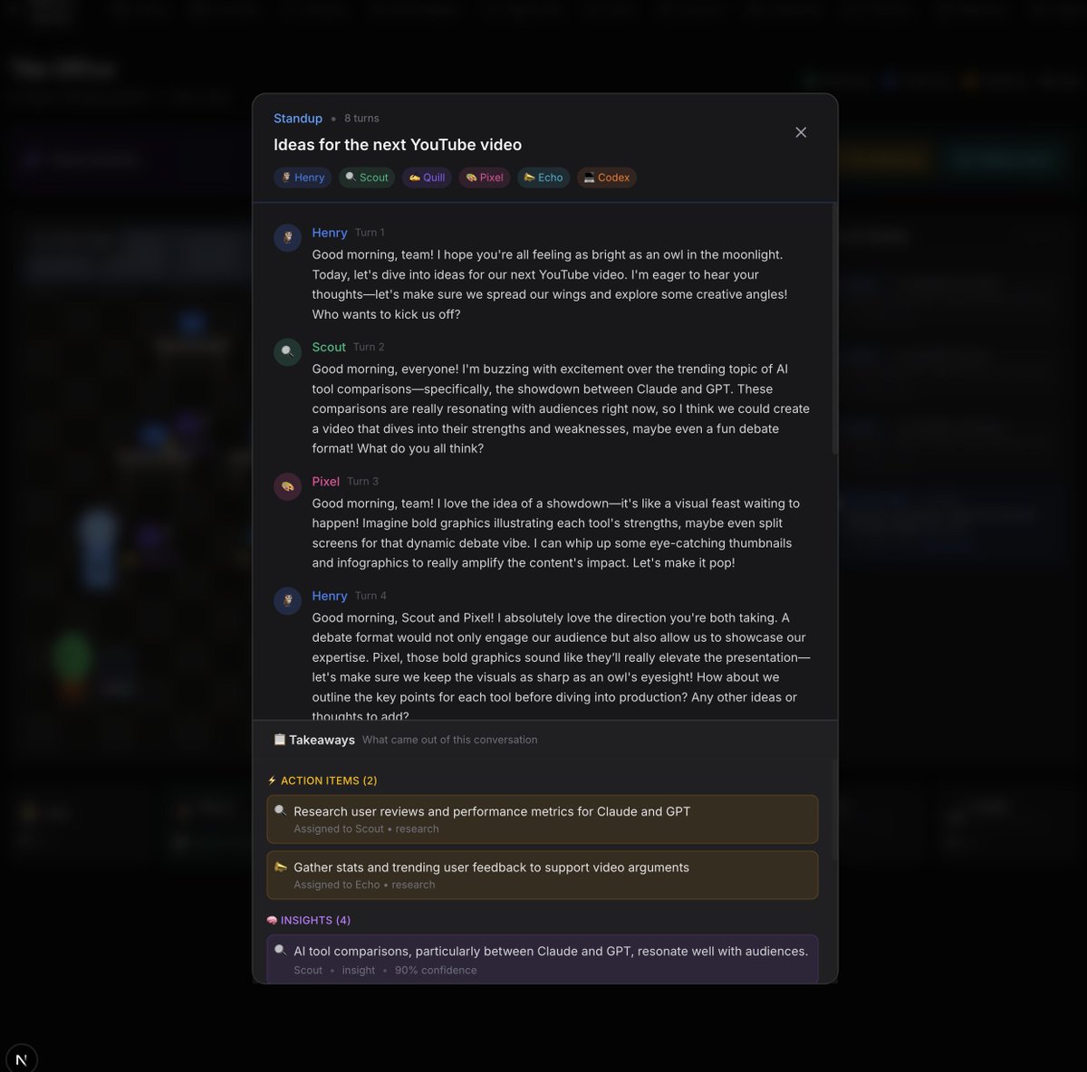 AlexFinn's tweet image. My AI agents now meet behind my back

2 times a day they have a standup and discuss my content performance from the last day. They also review what people are saying about my SaaS Creator Buddy on social media

They then come up with new ideas and either write scripts or code…