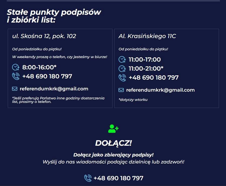 Dzięki uprzejmości dobrych ludzi pojawił się nowy punkt, gdzie mogą Państwo przynosić wypełnione karty popierające zorganizowanie #referendum w Krakowie.

✅➡️ Krasińskiego 11C, czynny od poniedziałku do piątku od 11:00-17:00, we wtorki do 21:00,
tel. 690180797

✅➡️ Skośna 12,
