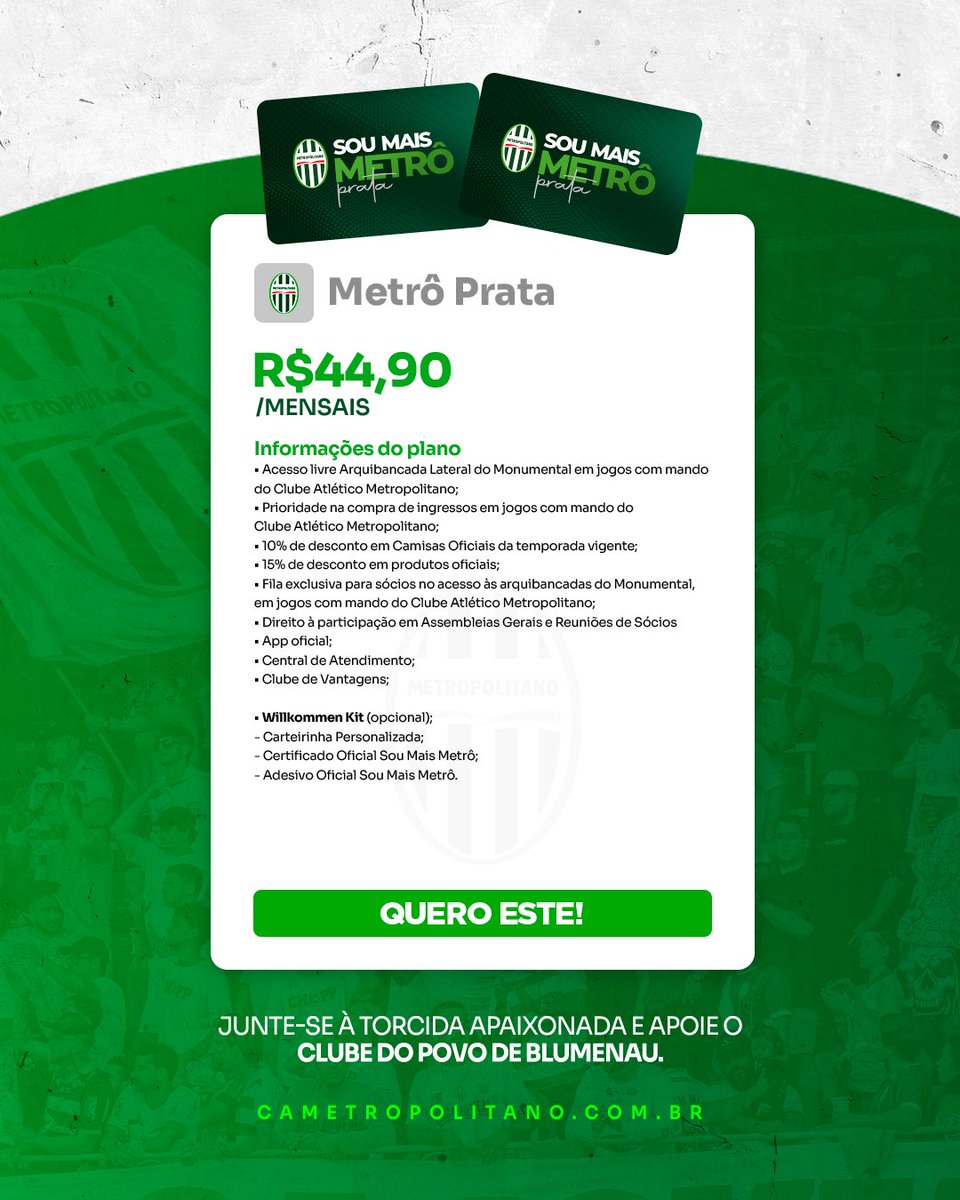 cametropolitano's tweet photo. O Metropolitano é do povo! 

Junte-se a nós nessa caminhada! 💚

Com planos a partir de R$ 14,90, o programa de sócios Sou Mais Metrô está de volta com o objetivo de fortalecer ainda mais o Clube do Povo de Blumenau.

https://t.co/AtFeX93Zwa

#SouMaisMetrô 🇳🇬 https://t.co/1Wh1e18HdG