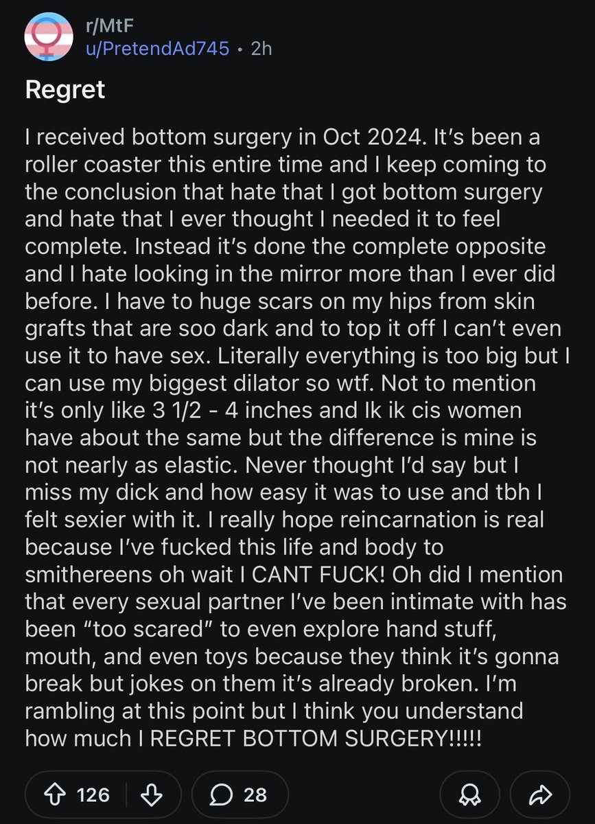 FarleftReddit's tweet photo. Transgender Redditor regrets his “bottom surgery” where he cut his penis off and created a fake vagina. He says that other people don’t want to go anywhere near it. He says he wants his dick back, yet another victim to troon ideology https://t.co/ZGx1n6Uhc5