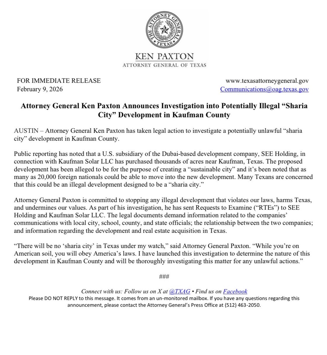KenPaxtonTX's tweet image. BREAKING: I'm announcing an investigation into a potentially illegal "sharia city" development in Kaufman County.

While you’re on American soil, you will obey America’s laws.