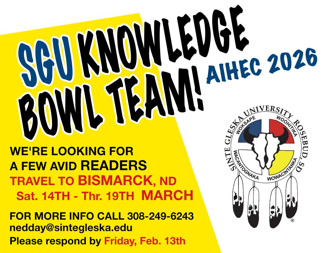 🧐💡 The SGU Knowledge Bowl Team is looking for team players! 📖🧠✨ 
☎️ Please contact Ned Day at (308) 249-6243, or 
💻 email him at: nedday@sintegleska.edu