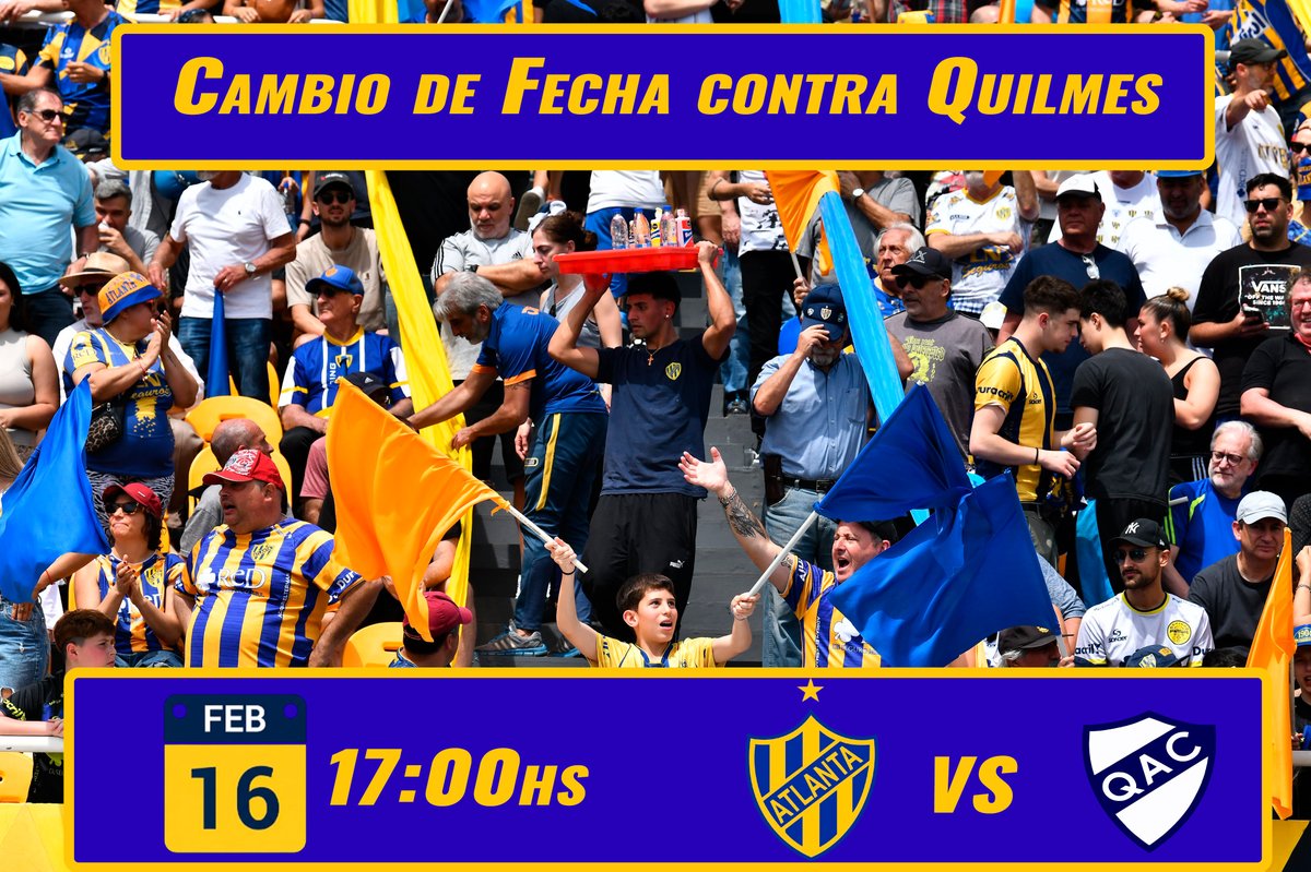 #Atlanta 

📢 Atención!! 🚨
Cambio de fecha  para el partido frente a 
#Quilmes por la primera fecha del Torneo 2026

El encuentro fue reprogramado para el dia lunes 16/02 a las 17:00 hs 

🏟️ Estadio León Kolbowski