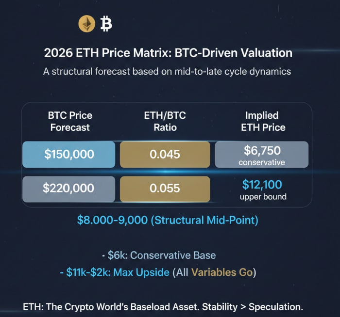 ZAotray's tweet photo. 🧵 2026 年，请放弃对 ETH 的“山寨幻觉”（NFA）

1. 先说结论：2026 年的 ETH 已经不是高 Beta 山寨了。

它正在完成从“进攻���成长股”到“核心基建”的终极跃迁。现在的 ETH 更像 Crypto 体系里的结算层资产，以及一个自带分红的准利率资产（Staking + MEV）。

直接后果：ETH 的波动性会持续向 BTC 靠拢，而不是去跟 SOL 拼刺刀。

2. 最常见的误区：混淆了“使用量”与“价格”。

别再问“有没有人用 ETH”了。Stablecoin、RWA、MMF、机构级结算，ETH 早就是默认的底层。

但价格捕获的路径变了：

Execution fee 被 L2 吃了。

主链退守 Settlement。

ETH 的价值��放路径比 2021 年要慢得多，也长得多。

3. ETH/BTC：别再死盯着 0.08 了。

2021 年的 0.08 是特定产物：单链叙事、DeFi/NFT 高度集中、L2 还没成气候。

2026 年的结构是完全不同的：多链并存、L2 主流化、ETH 退居幕后做结算。

我认为 ETH/BTC 会在一个新的中枢抬升，而不是重走泡沫。

合理区间：0.045 – 0.055。

4. 不猜顶，直接从 BTC 逻辑反推：

基于周期中后段的推演：

BTC 预期： $150k – $220k

ETH/BTC： 0.045 – 0.055

算出的价格矩阵：

$6k：偏保守的保底价

$8k – $9k：这一轮的结构中枢

$11k – $12k：所有变量同时顺风的极限上沿（模型上限，非目标价）

5. 2026 年 ETH 最大的风险，其实很“无聊”。

不是 SOL 的竞争，也不是监管和技术。

而是：ETH 变成了一个“大家都认可的好资产”，却不再是��个“好投机品”。

它会被配置、被长持、被当成底仓，但它很难再制造 FOMO。

价格会更稳，但也没那么容易爆。

总而言之：

2026 年的 ETH 是 Crypto 的压舱石资产，而非叙事驱动的翻倍币。它未必能大幅跑赢 BTC，但它是周期后半段，风险收益比最舒服的核心资产，没有之一