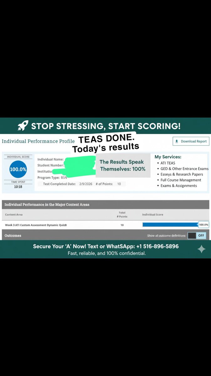 mufasi65's tweet image. ATI TEAS done today! Reach out to us for all your entrance exams. Payment after delivery. Text/call/ Whatsapp wa.me/15168965896
#usnursingstudents #nursingstudents #AssignmentHelp #homework #homeworkhelp #UnitedStates #usstudents #CollegeStudent #collegelife