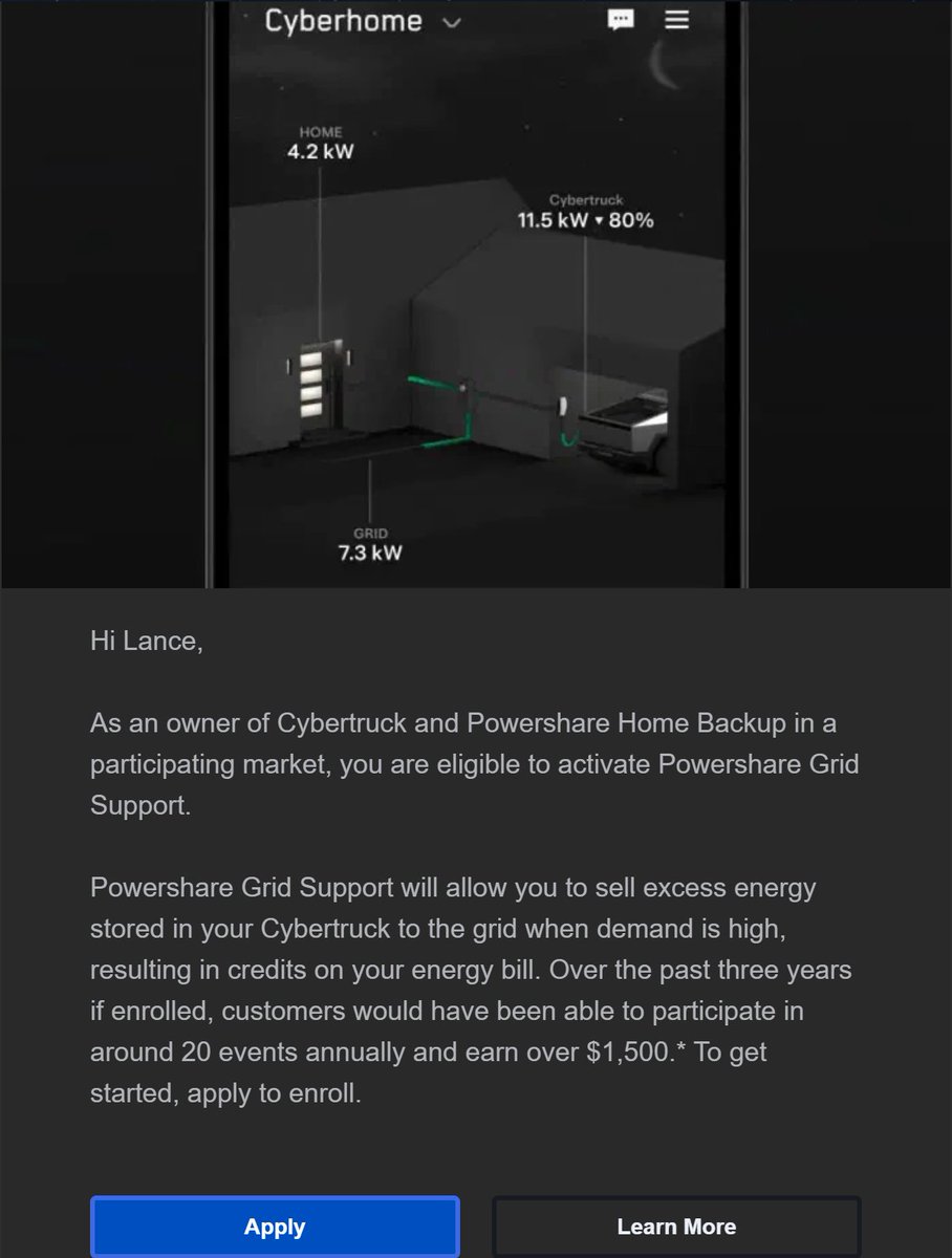 LanceWebb's tweet photo. Just got this email from Tesla Electric in Texas about Powershare Grid Support. Not really sure if $500 a year is worth degrading my battery but maybe for science! @SawyerMerritt https://t.co/TnmNeR4PbQ