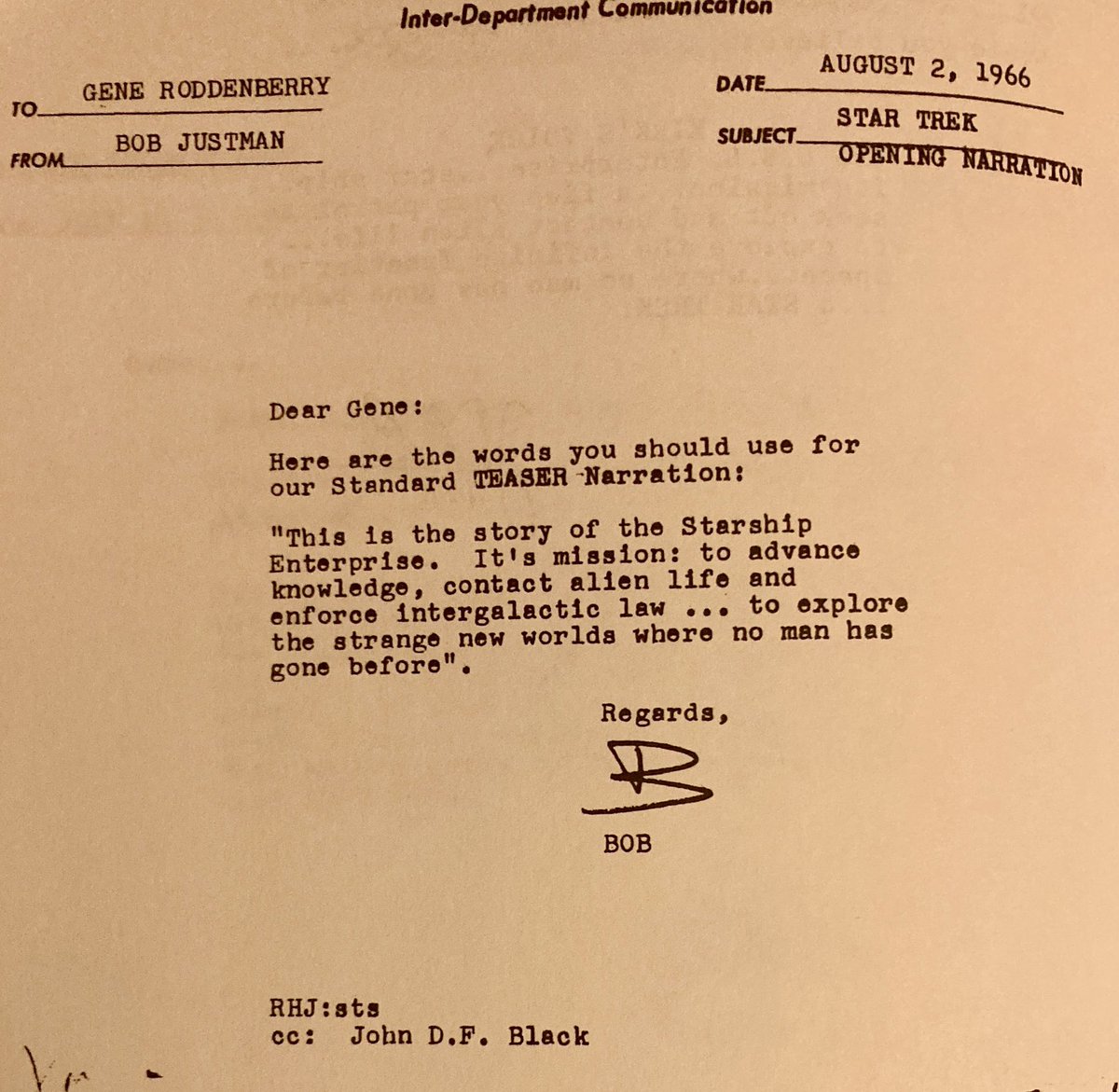 SubcommanderT's tweet photo. The opening narration for Star Trek is iconic. William Shatner recorded it while on a break filming the episode "The Dagger of the Mind". The narration was a group effort between Gene Roddenberry, John D.F. Black, and Bob Justman, and you can see a bit of its evolution here… https://t.co/X2U9lxBMVD