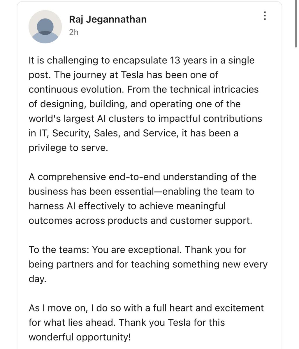 SawyerMerritt's tweet photo. NEWS: After 13+ years at Tesla, @r_jegaa has announced that he is leaving the company. Raj was Vice President of IT/Al-Infra, Business Apps, Infosec, among others things.

Thanks for everything you did at Tesla Raj! Wishing you the best for the future! https://t.co/eqJkQB3pGz