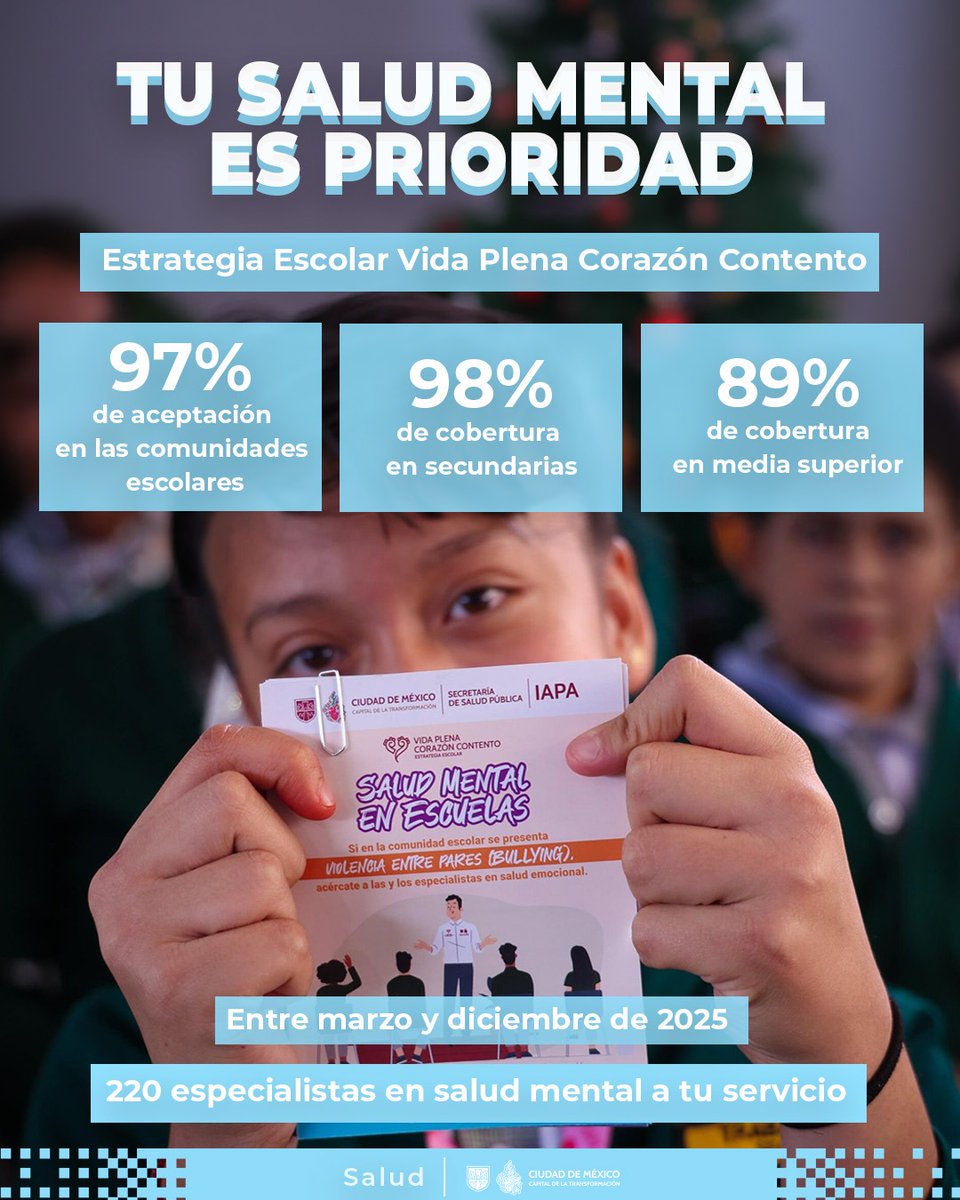 En la Ciudad de México seguimos construyendo una cultura a favor de la salud mental sin estigmas.

Con la Estrategia Escolar #VidaPlenaCorazónContento estudiantes, docentes, madres y padres de familia pueden acceder a  herramientas para fortalecer el bienestar emocional de