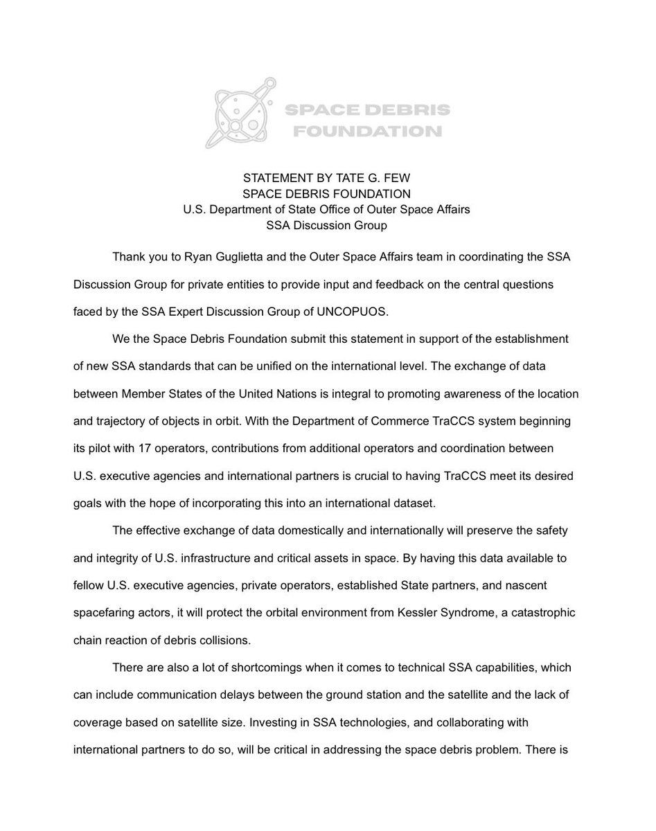 SDFSpace's tweet photo. Is space situational awareness important to you? If so, please see our self-prepared statement regarding our thoughts on the content of the SSA Expert Group meeting at the United Nations. https://t.co/qu2NNn1U3p