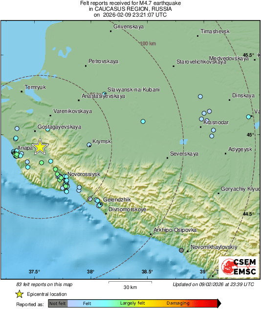 LastQuake's tweet photo. #Earthquake 17 km NE of #Anapa (Russian Federation) 18 min ago (local time 02:21:06). Updated map - Colored dots represent local shaking & damage level reported by eyewitnesses. Share your experience:
📱https://t.co/QMSpuj6Z2H
🌐https://t.co/PgIy87BpQS https://t.co/OF0ubnInzc