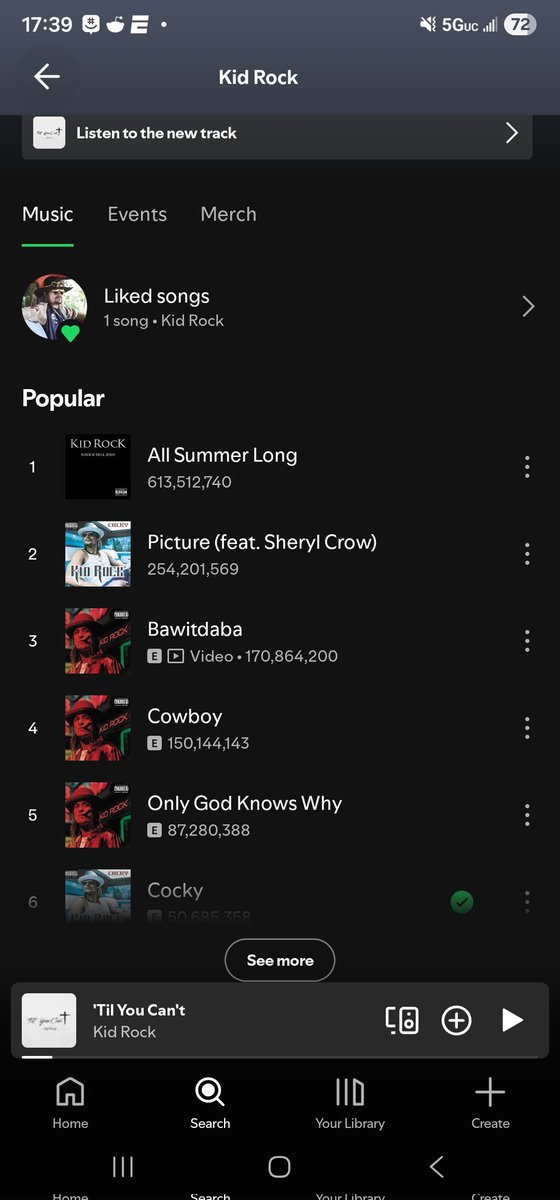 cmac_stryker's tweet photo. @bennyjohnson @KidRock You would need Kid Rocks top 3 songs to ALMOST equal the top bad bunny song on Spotify.  You just silly loosing behind a guy who wanted to bang the 14 year old Olsen twins. https://t.co/SbI9oqnuMl