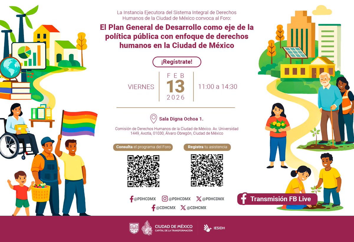 💬🗣️ Únete a las reflexiones del Foro "El Plan General de Desarrollo como eje de la política con enfoque de derechos humanos en la CDMX", convocado por <a href="/PDHCDMX/">Sistema Integral de Derechos Humanos</a>. 

📆 Viernes 13 de febrero.
⏰ A partir de las 11:00 horas.
🌐📲 A través de nuestras redes sociales.

#PGD 🏠